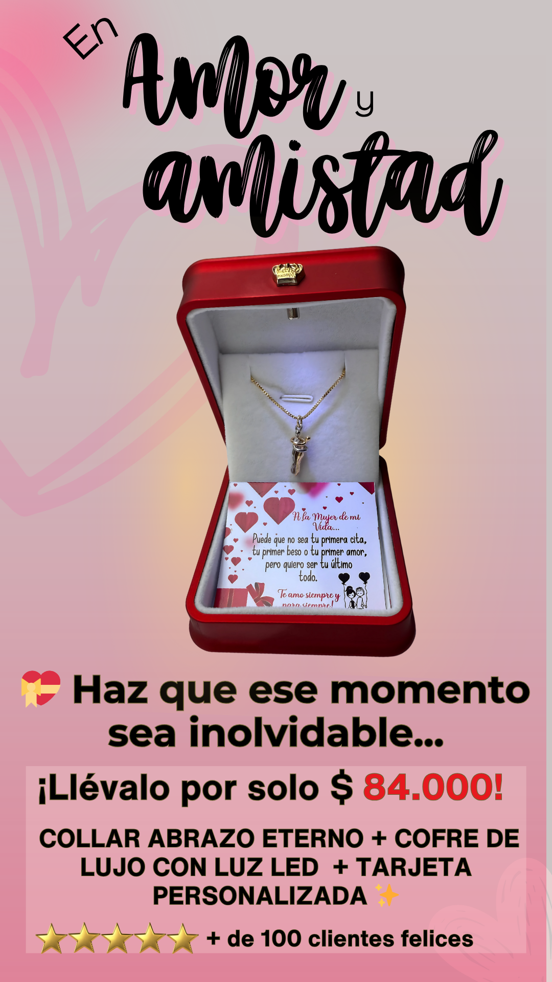 COLLAR ABRAZO ETERNO + COFRE DE LUJO CON LUZ LED  + TARJETA PERSONALIZADA