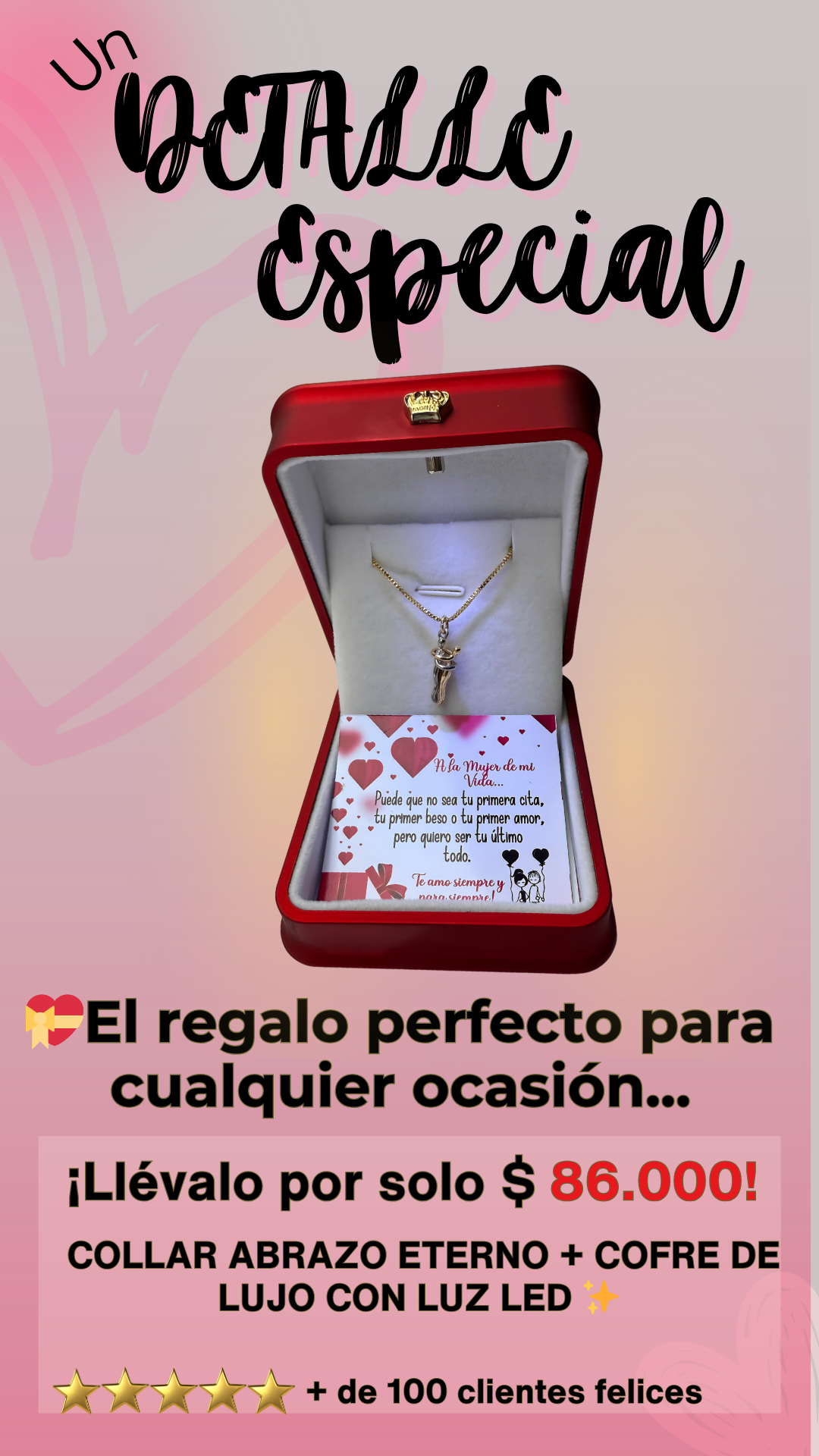 COLLAR ABRAZO ETERNO + COFRE DE LUJO CON LUZ LED  + TARJETA PERSONALIZADA